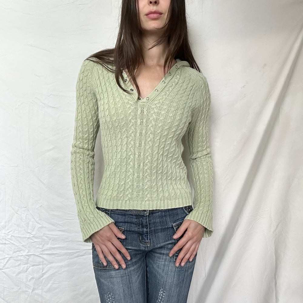 2000s Aeropostale Cable Knit Sweater Hooded Light Green Y2K Preppy Indie